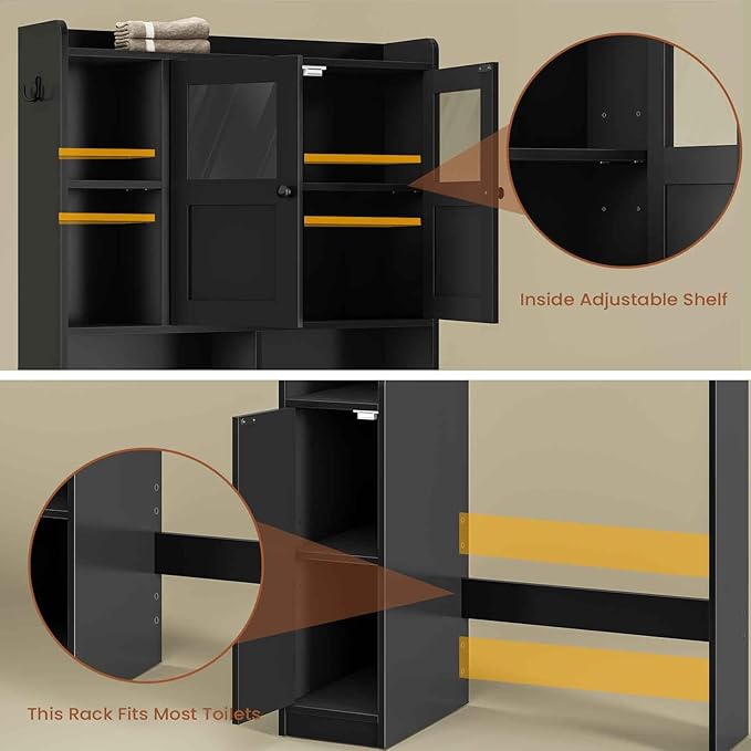 Itaar Over The Toilet Storage Cabinet, Over Toilet Bathroom Organizer with Glass Doors & Toilet Paper Holder Stand, Home Space-Saving Toilet Rack, for Bathroom, Restroom, Laundry(Black)