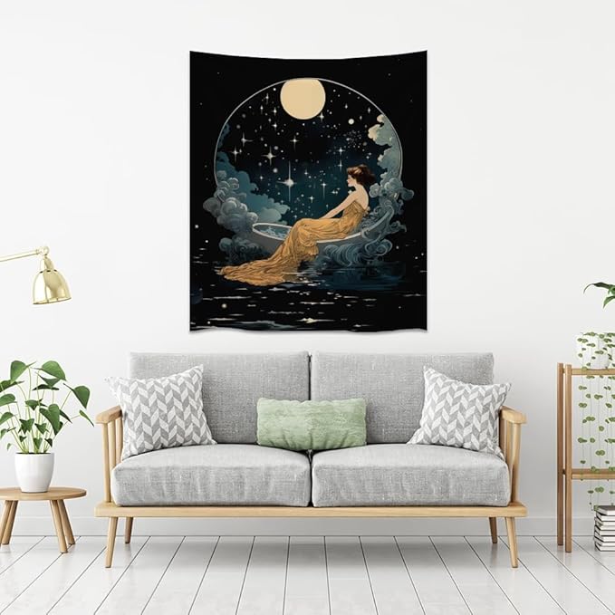 Dark Academia Tapestry Celestial Moonlit Bathing Lady Print Trendy Aesthetic Gothic Wall Hanging Vintage Art Nouveau Tapestries Wall Decor for Bedroom Living Room Dorm 70x90inch