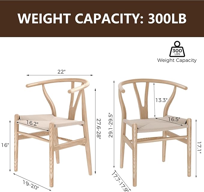 Wishbone Chair Natural Solid Wood Dining Chair/Hans Vegner Y Chair Rattan and Wood Accent Armrest Chair (Ash Wood + Natural Wood Color)