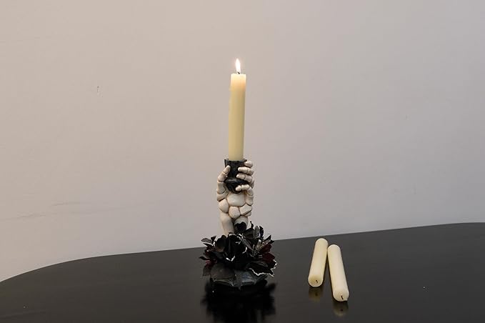 Skeleton Hand Halloween Candle Holder, Resin Candlestick Holder with Black&Burgundy Artificial Flowers Arrangement, Gothic Halloween Decor for Coffee Table/Dining Table Centerpiece, 6" Height