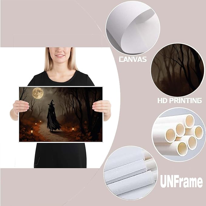 JFHCQJPK Moonlight witch poster dim lantern Halloween decoration Gothic style dark retro college style canvas wall art suitable for living room bedroom28x40in Frameless