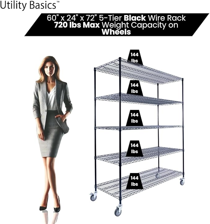 60"x24"x72" Black 5-Tier Premium Metal Wire Shelving NSF 4000 LBS MAX Capacity Heavy Duty Steel Storage Rack for Warehouse, Garage, Hospital, Commercial Space & School w/Premium Wheels