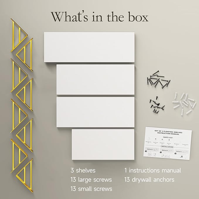 BAYKA Wall Shelves for Bedroom Decor, Floating Wall Shelves for Living Room Kitchen Storage, Wall Mounted Rustic Wood Shelves for Kids Books, Corner Shelf for Bathroom(White and Gold,Set of 4)