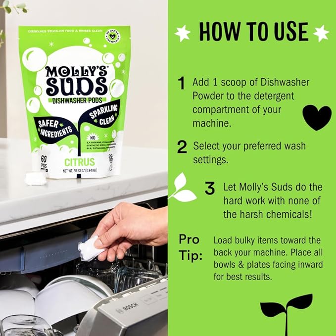 Molly's Suds Dishwasher Powder | Clean Dishwasher Detergent, Cuts Grease & Rinses Clean (Residue-Free) for Sparkling Dishes | 60 Loads (Citrus)