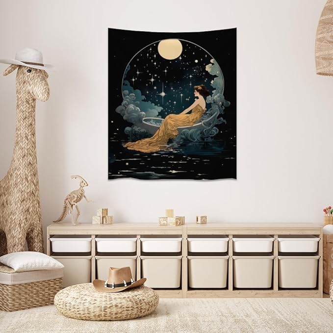 Dark Academia Tapestry Celestial Moonlit Bathing Lady Print Trendy Aesthetic Gothic Wall Hanging Vintage Art Nouveau Tapestries Wall Decor for Bedroom Living Room Dorm 70x90inch