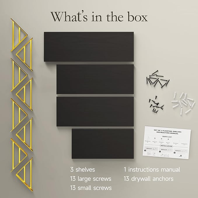 BAYKA Floating Shelves for Bedroom Decor, Wall Shelves for Storage, Wall Mounted Rustic Wood Floating Shelf for Books,Corner Shelf for Bathroom,Kitchen,Living Room(Black and Gold,Set of 4)