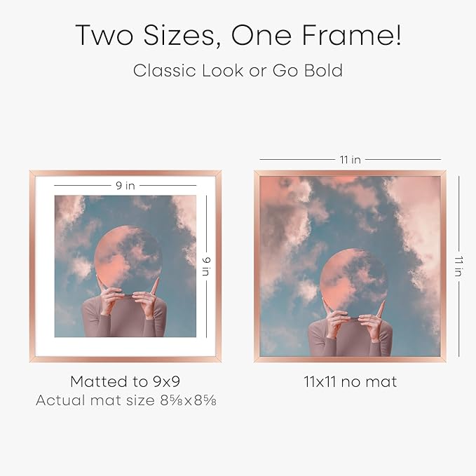 Homeforia 11x11 Rose Gold Picture Frame, High End Metal 11 by 11 Square Frames with Mat 9 x 9 Photo, 11by11 Poster Frame Matted to 9x9 inch Art, Wall Hanging Frames, Tempered Glass, Wall Kit, Set of 1