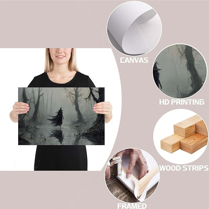 Vintage rustic swamp witch poster dark moody wall art gothic horror season halloween print for home decor retro dark moody painting24x36in Wood Framed