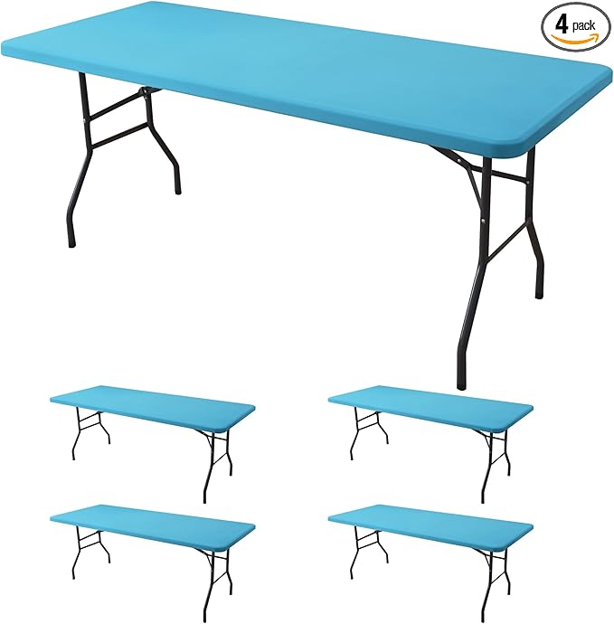 Spandex Table Cover for 6 Foot Rectangle Tables-4 Pack Light Blue Outdoor Picnic Elastic Table Cover-Spandex Stretch Folding Table Cloths for Camping Dining Room Patio Kitchen Banquet Party