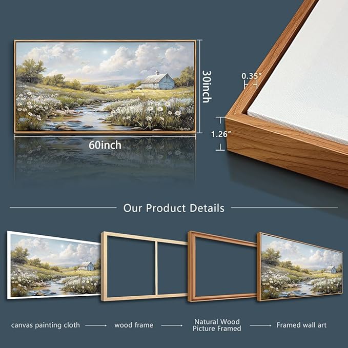 PHAOHUAXM Large Canvas Wall Art For Living Room Wall Decor For Bedroom Flower Watercolour Office Decoration Countryside Scenery Wall Picture Printing Art Painting Home Decor 30x60 In Wood Framed