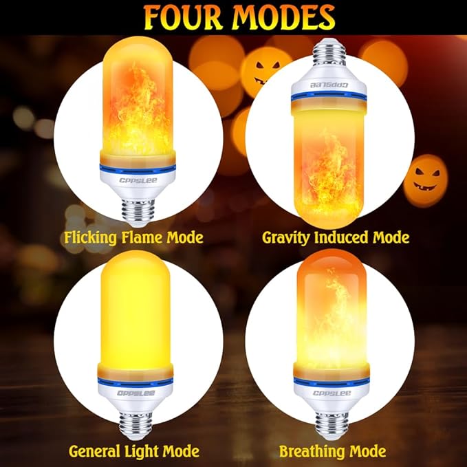 Halloween Decorations Upgraded LED Flame Light Bulbs, 4 Modes Flickering Light Bulbs, E26 Base Fire Flame Bulb, Christmas Lights Patio Outdoor Indoor Home Decor (Yellow, 2 Pack)