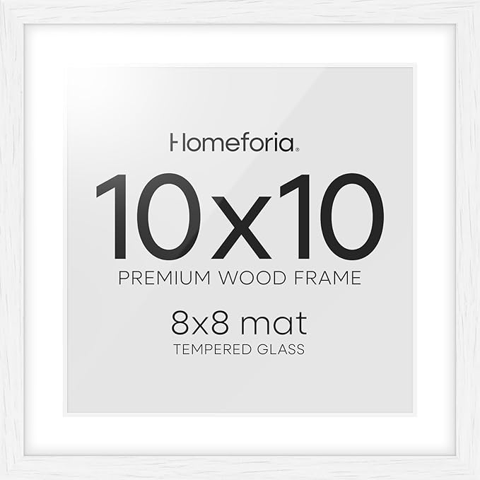 Homeforia 10x10 White Picture Frame, High-End Oak 10 x 10 Square Wooden Frames with Mat 8 by 8 Photo, 10by10 Wood Frame Matted to 8x8 Print, Wall or Tabletop Frames, Tempered Glass, Wall Kit, Set of 1