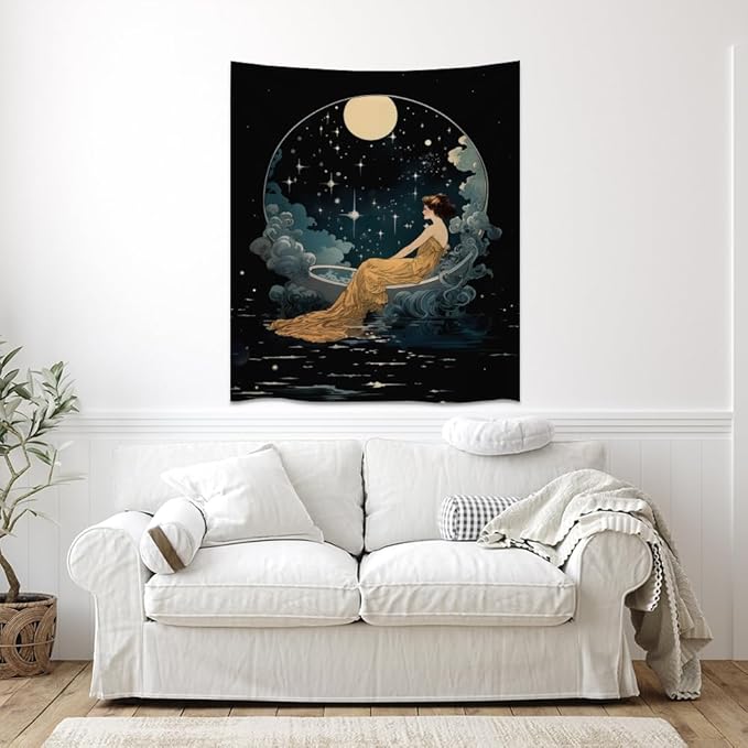 Dark Academia Tapestry Celestial Moonlit Bathing Lady Print Trendy Aesthetic Gothic Wall Hanging Vintage Art Nouveau Tapestries Wall Decor for Bedroom Living Room Dorm 40x60inch