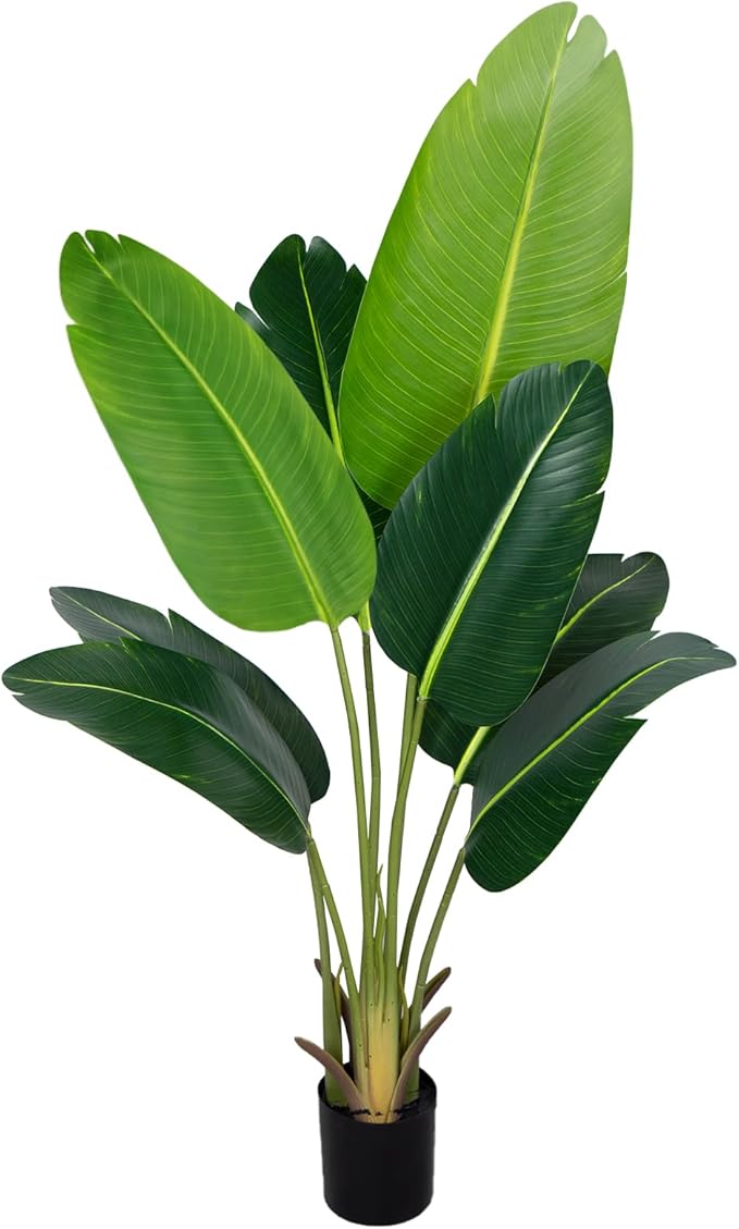 Artificial Bird of Paradise Plant 4Ft Fake Tropical Palm Tree with 8Trunks Faux Banana Leaf Trees in Pot for Home Indoor Outdoor Office Modern Decor Housewarming Gift(1Pcs)