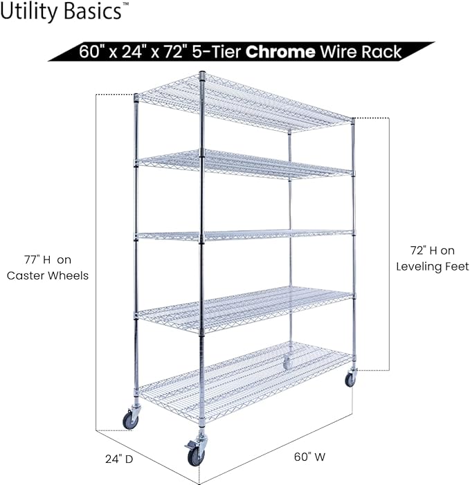 60"x24"x72" Chrome 5-Tier PREMIUM Wire Shelving NSF 4000 LBS MAX CAPACITY Heavy Duty Steel Storage Rack for Warehouses, Garages, Hospitals, Commercial Spaces, & Schools w/PREMIUM WHEELS