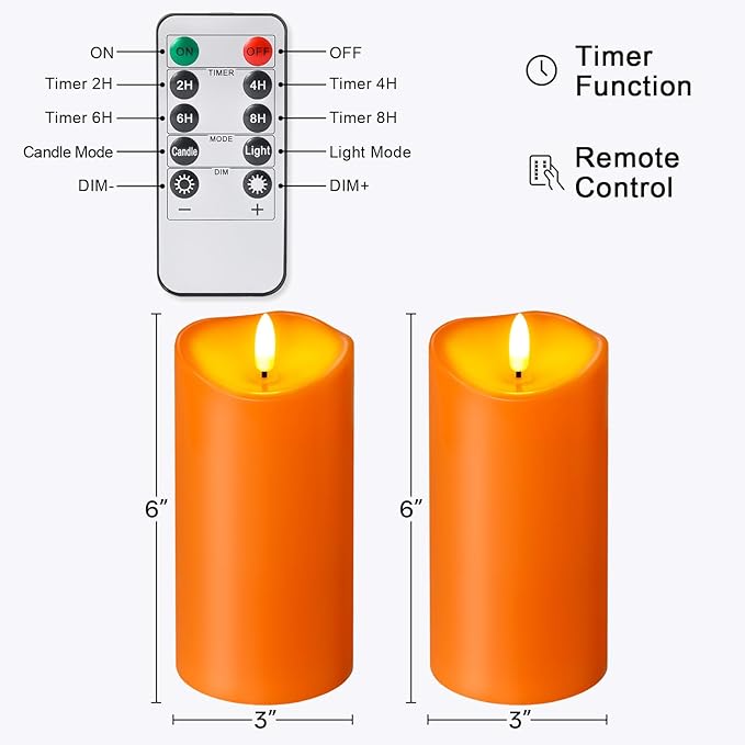 Outdoor Flameless Candles with Remote Timer - Waterproof Realistic Flickering LED Pillar Electric Battery Operated Fake Candle for Halloween Holiday Home Fireplace Decor - Orange 2 Pack (6"6")