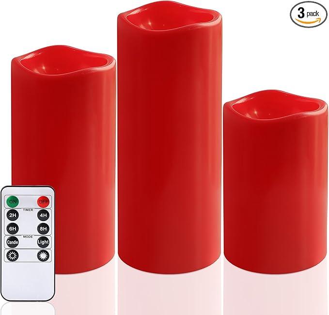 NURADA Large Waterproof Flameless Candles 6" 8" 10" x 4" - Outdoor Indoor LED Pillar Flickering Candle Battery Operated with Timer Remote for Patio Porch Christmas Decor - Red Set of 3