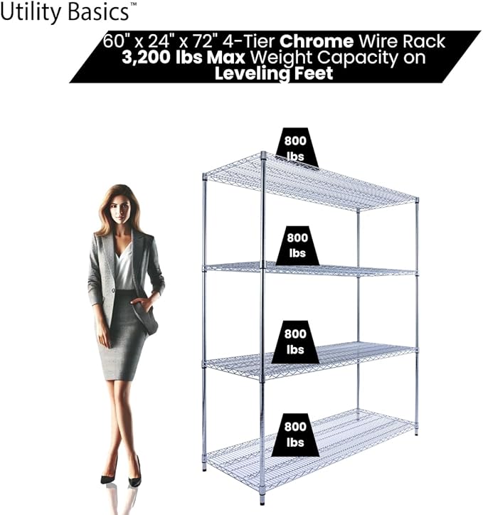 60"x24"x72" PREMIUM METAL STEEL 4-Tier Wire Shelving NSF 3200 LBS MAX Capacity Heavy Duty Storage Rack for Hospitals, Schools, Commercial Spaces, and Garages w/PREMIUM Wheels