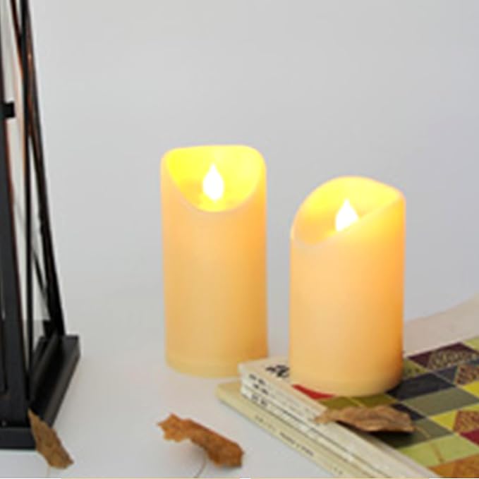 Waterproof Outdoor Battery Operated Flameless Candles with Auto Timer Flickering Plastic Resin Electric LED Pillar Lights for Lantern Patio Garden Wedding Party Decorations 3x5 Inches Ivory 2 Pack
