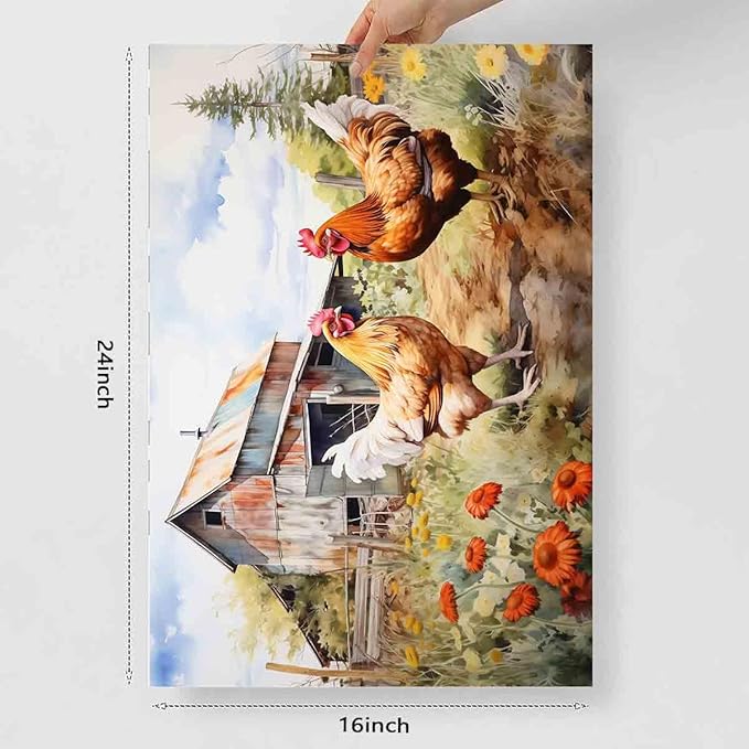 Chicken Farm Wall Art Rustic Country Painting Chickens Pictures Vintage Countryside Canvas Wall Art Barn Rustic Farmhouse Pictures Animals Wildflower Painting Living Room Decor 16x24inch No Frame