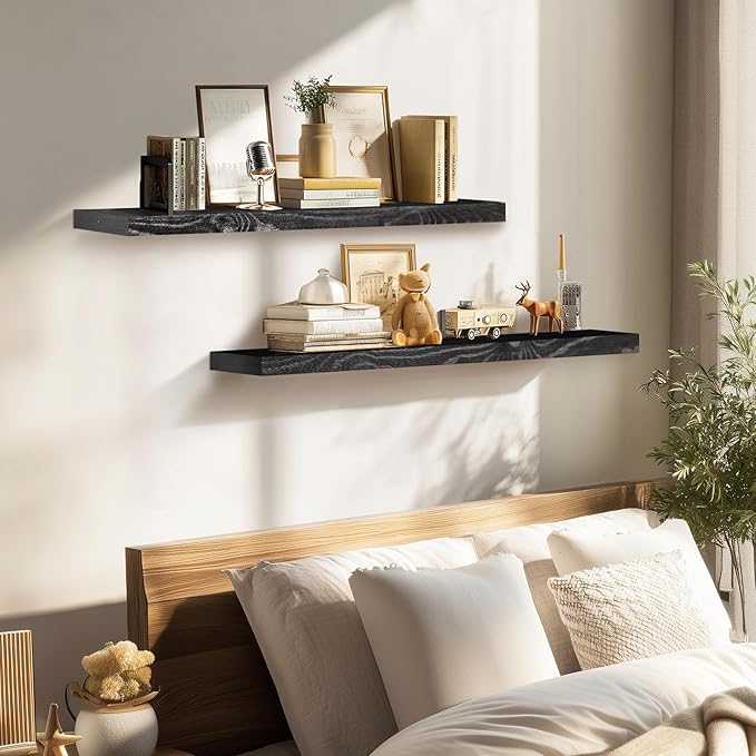 36"x6.8"x1.2" Solid Wood Floating Shelves 2-Pack - Rustic Black Finish with Hidden Brackets, Perfect for Storage and Décor in Living Room, Kitchen, Bedroom