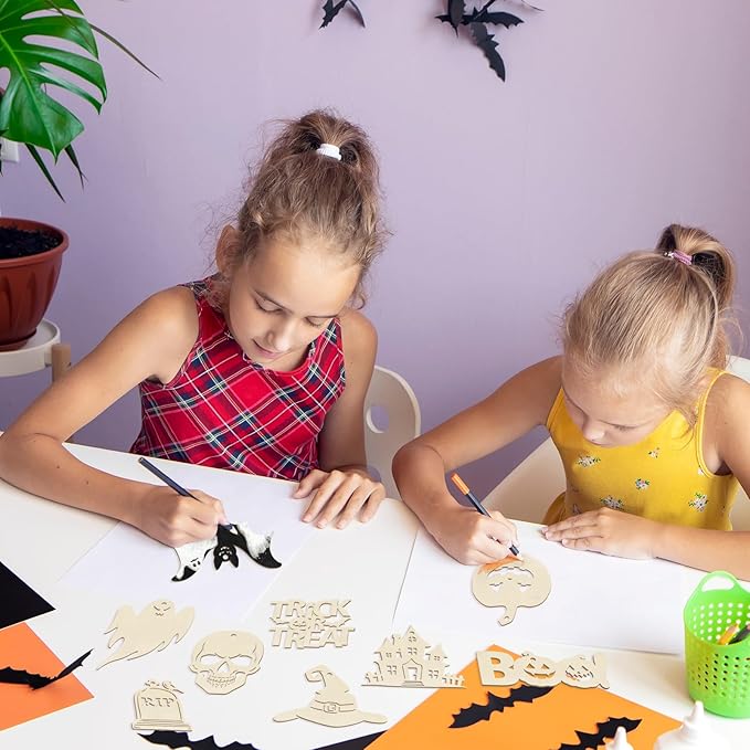 36PCS Wooden Halloween Ornaments to Paint Fall Decorations, 12 Styles DIY Blank Autumn Unfinished Wood Skull Pumpkin Ghost Bat Boo Trick or Treat Halloween Cutouts Ornament for Crafts Party Hanging