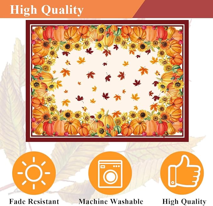SASTYBALE Fall Tablecloths for Rectangle Tables 52 x 70 Inch Pumpkin Table Cloths with Sunflower & Maple Leaves Washable Spillproof Durable Polyester Table Cover for Thanksgiving, Harvest, Holiday