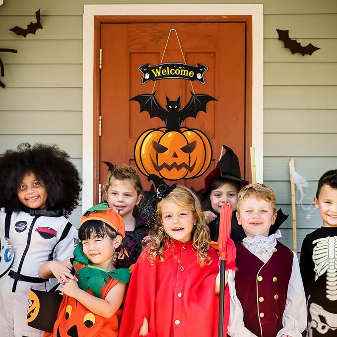 Halloween Door Wreath,Halloween Wall Decorations Wooden Black Bats Pumpkin Halloween Wreaths for Front Door, Halloween Door Decorations Indoor Outdoor Sign