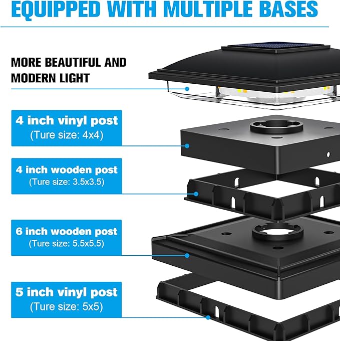 VOLISUN Solar Post Cap Light Outdoor,Solar Fence - Post Lights Waterproof for 4x4/5x5/6x6 Wooden/Vinyl,Black Deck Cap Light Solar Powered with Warm White for Garden/Patio/Porch 6pack