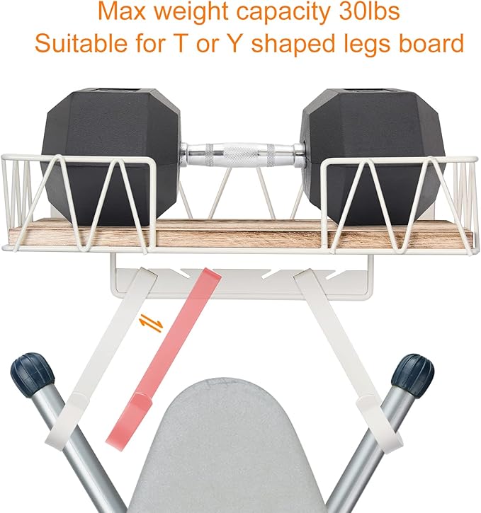 TJ.MOREE Ironing Board Hanger Wall Mount - Laundry Room Decor Iron and Ironing Board Holder with Large Storage Wooden Base Basket and Removable Hooks(T&V Shaped) Cream