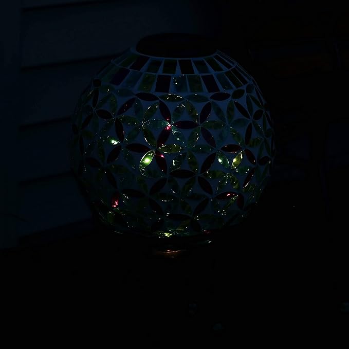 Sunnydaze 10 inch Solar Gazing Ball for Garden - Glass Outdoor Gazing Globe - Mosaic Cool Blooms