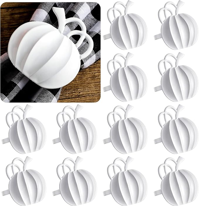 Patelai 12 Pieces Pumpkin Napkin Rings Fall Napkin Holders Thanksgiving Halloween Dinner Tables Rings for Thanksgiving Dinner Party Weddings Family Gatherings (White)