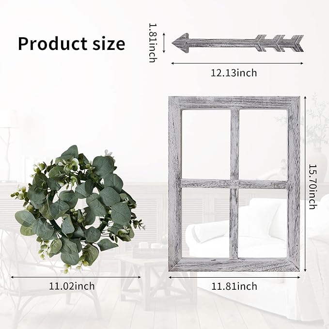 Rustic Wood Window Frame with Green Wreath and Arrows Wall Decor,Farmhouse Window Frame Hanging Decor, Wooden Fake Decoration,Window Pane Wall Decor,Set of 2 (White)