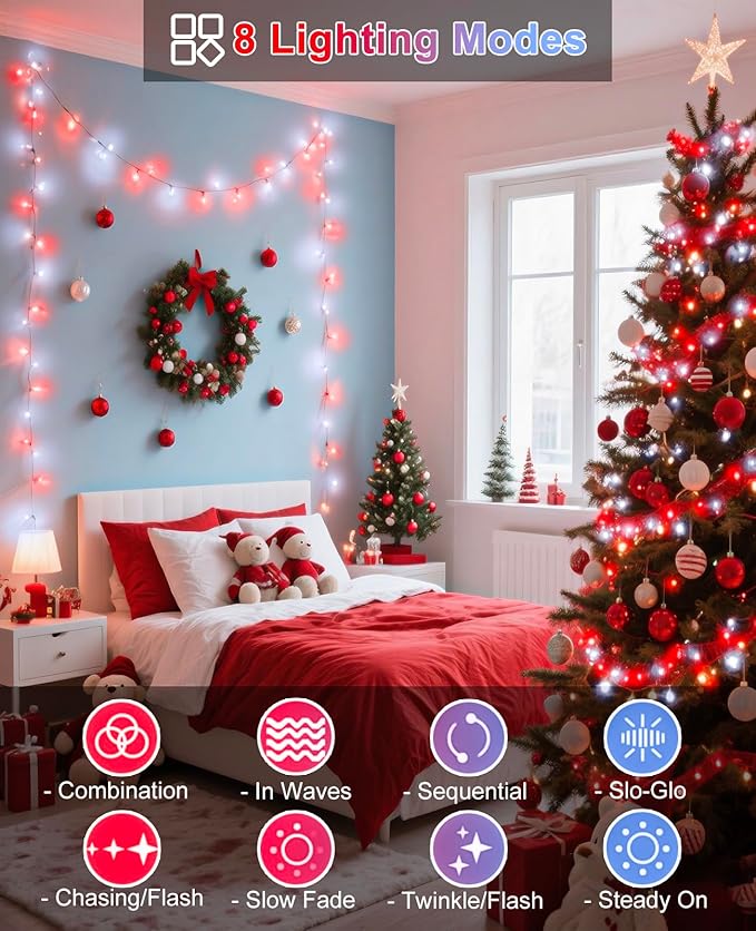 Christmas Lights Outdoor 40FT 120 LED, Green Wire Christmas Tree Lights Waterproof, 8 Modes & Timer, Connectable String Light for Indoor Bedroom Yard Patio Party Xmas Decorations, Red White