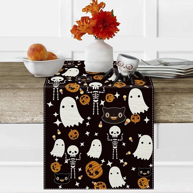 GAGEC Halloween Table Runner Black Cat Pumpkins Seasonal Kitchen Dining Table Home Outdoor Party Decorations (13'' x 108'')