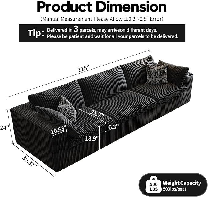 118" Cloud Couch Modular Sectional Sofa for Living Room,Modern Sofa with Deep Seat,3 Seater Boneless Couch,Comfy Upholstered Corduroy Couches for Apartment, Studio, Office,Bedroom,Black