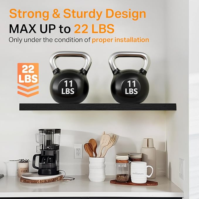 BAYKA Floating Shelves for Wall, 22.5" Wall Mounted Rustic Wood Shelves for Bathroom, Bedroom, Living Room, Kitchen, Office, Hanging Shelf for Books/Storage/Room Decor Capacity (Black, Set of 2)