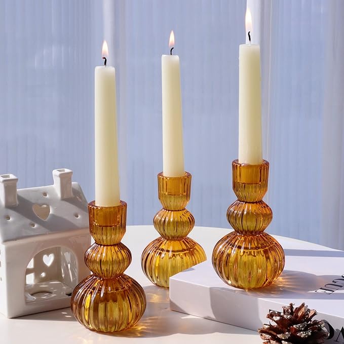 Woho Amber Taper Candle Holders 4.3" H for Halloween/Thanksgiving Decorations, Set of 3 Ribbed Glass Candlestick Holders Vintage for Fall Wedding, Boho Candle Sticks Holder Decor for Dining Table