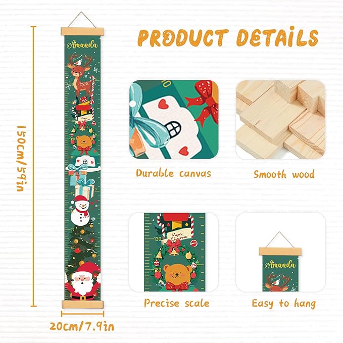 Personalized Name Growth Chart Wall Decor for Kids – Canvas Removable Height Chart Measuring Ruler 59" x 7.9" (Christmas Deer)