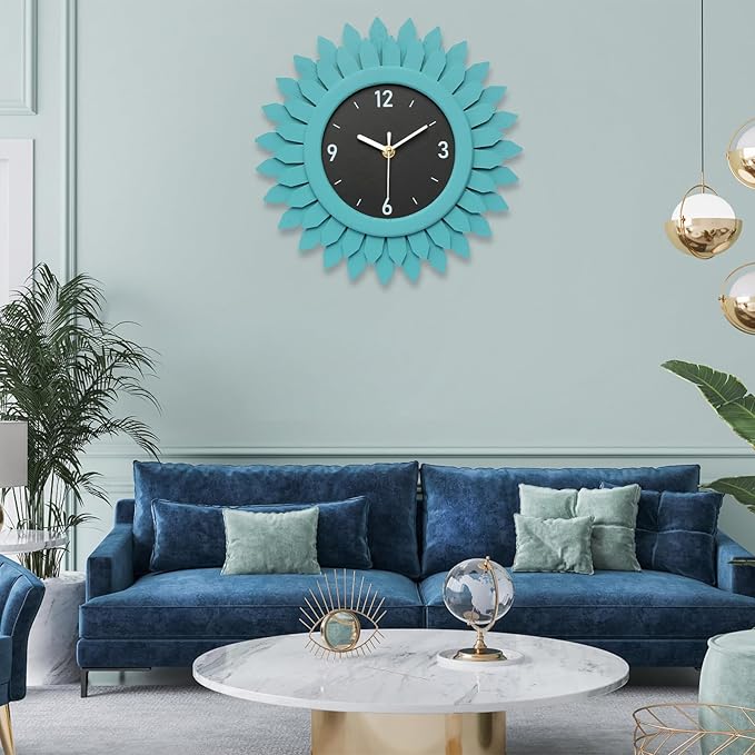 Honiway Wall Clock Battery Operated 12 Inch Rustic Wood Beach Sunburst Decorative Wall Clock Silent Non-Ticking Coastal Wall Decor Clocks for Living Room Kitchen Bathroom Bedroom (Cyan)