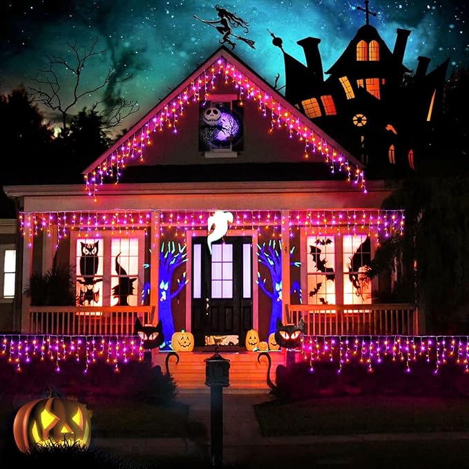33ft Halloween Lights Outdoor, 400 LED Icicle Lights for Outside, Orange and Purple Twinkle Christmas Light with Connectable Clear Wire 8 Modes Timer Waterproof for House Party Tree Holiday Yard Decor