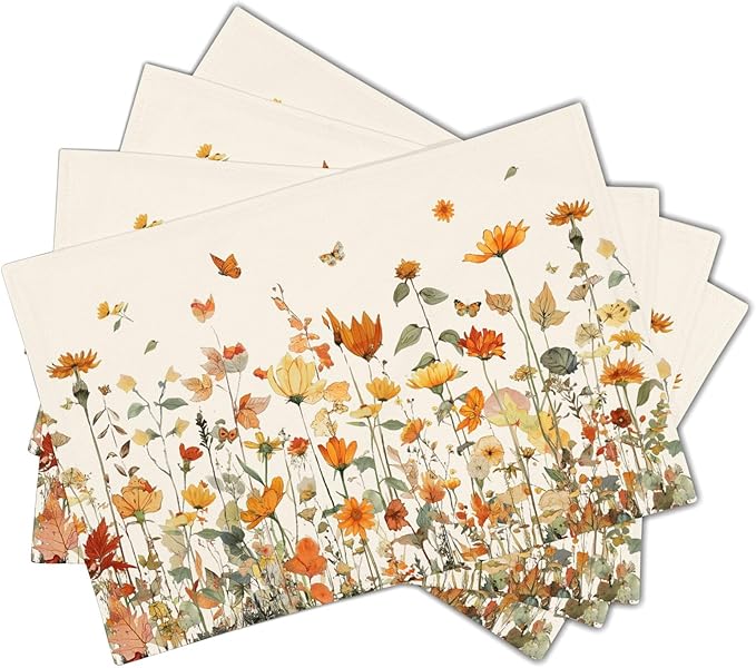 Fall Floral Placemats Set of 4 12x18 Inch Autumn Wildflower Vintage Rustic Washable Non-Slip Heat Resistant Place Mats Thanksgiving Table Mats for Party Kitchen Dining Room