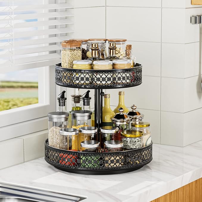 Lazy Susan Organizer 2 Tier - Turntable Spice Rack 12 inch Adjustable Metal Rotating Lazy Susan for Cabinet Pantry Kitchen Countertop Dining Table Cupboard Bathroom Vanity Storage Black