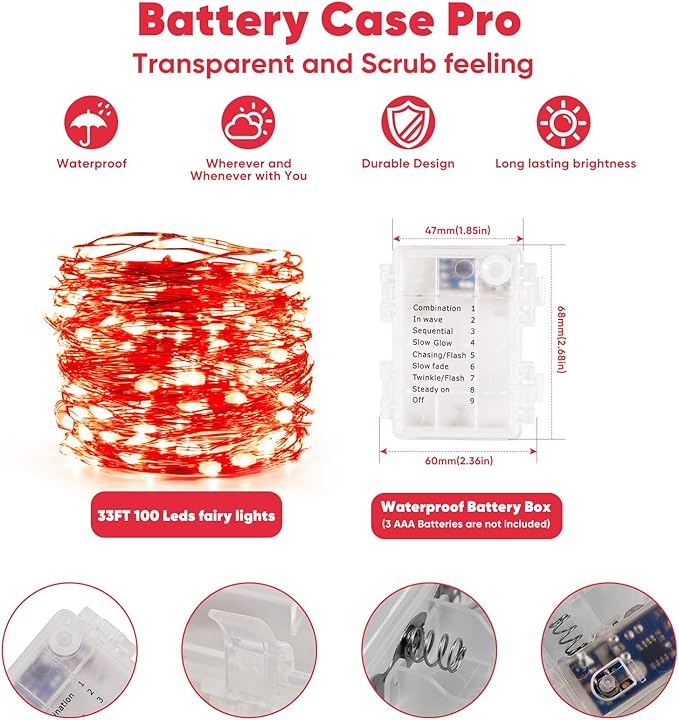 4 Pack 32.8 Ft. Battery Operated Outdoor String Lights with Remote & Timer, LED Red Fairy Lights, Waterproof Twinkle Lights for Bedroom, Dorm, Mason Jar, Wedding, Party, Christmas