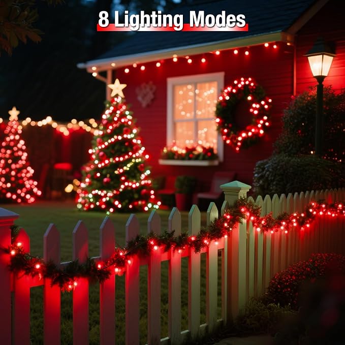 4 Pack Solar String Lights Outdoor - 320LED 132FT Solar Fairy Lights Waterproof 8 Modes, Copper Wire Solar Powered Twinkle Lights for Outside Tree Garden Christmas Wedding Party Decor, Red