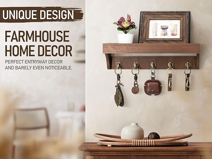 Rebee Vision Farmhouse Key Holder for Wall - Decorative Wooden Mail Organizer with 5 Rustic Key Hooks and Floating Shelf for Home Decor, Hallway, Entryway, Appartment (Retro Brown)