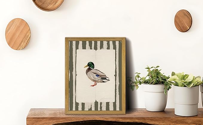 Vintage Framed Duck Wall Art Print, Rustic Mallard Bird Illustration Canvas Poster, Cottagecore Animal Artwork, Farmhouse Nature Wall Decor for Living Room Kitchen Bathroom Bedroom 16x24 inch