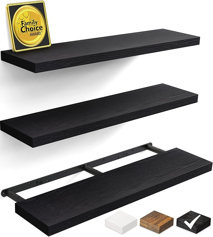 BAYKA Floating Shelves for Wall, 36 inches Long Wall Mounted Rustic Wood Shelves for Bathroom, Bedroom, Living Room, for Books/Storage/Decor with 30lbs Capacity๏ผBlack,Set of 3