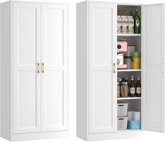 60" Tall Metal Pantry Cabinet, White Kitchen Pantry Storage Cabinet with 3 Adjustable Shelves and Gold Handles, Cupboard for Kitchen, Dining Room, Living Room, Bathroom