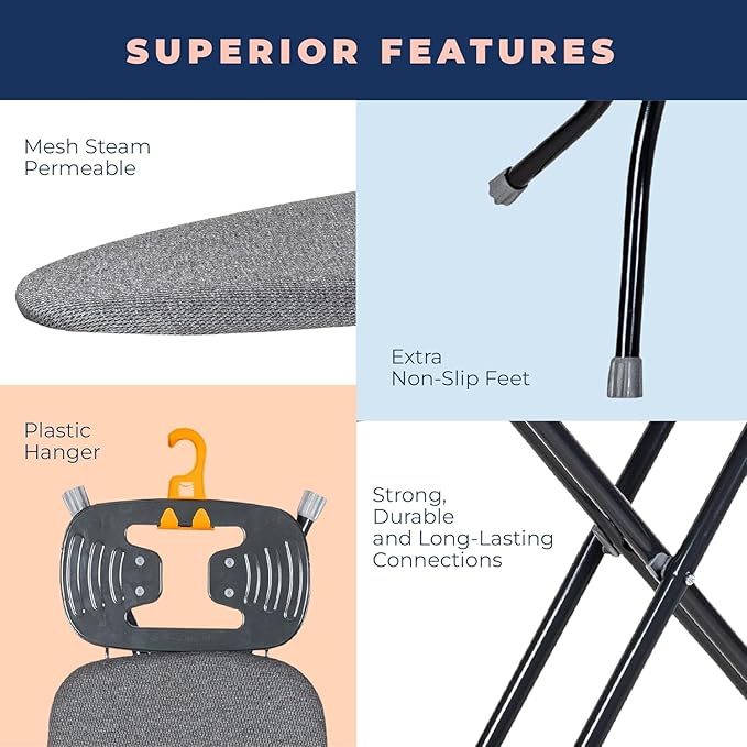 Ironing Board with Iron Rest, Iron Board with 3 Layers Extra Thick Cover, Compact and Space Saver Foldable Ironing Board, Adjustable Height, Easy Storage with Smart Hanger and Lightweight Design